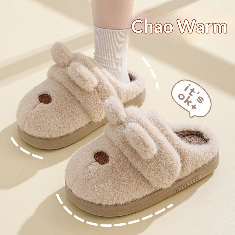 Women's Fluffy Cat & Bow House Slippers | Plush Cotton Indoor Slippers