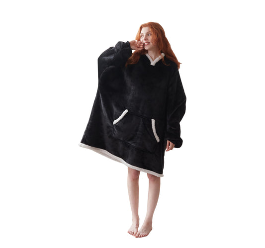 COOVA Wearable Blanket Hoodie Oversized Flannel&Sherpa Hooded for Women and Men Cozy Sweatshirt with Giant Pocket Black