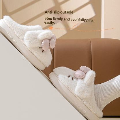 Women's Fluffy Cat & Bow House Slippers | Plush Cotton Indoor Slippers