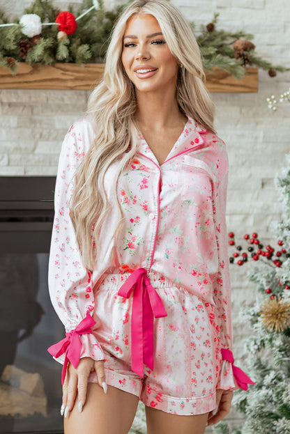 Floral Shirt Satin Tie and Shorts Pajama Set