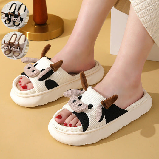 Cartoon Cow Frog Slippers | Linen Non-Slip Breathable Indoor Garden Shoes
