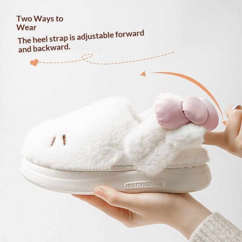 Women's Fluffy Cat & Bow House Slippers | Plush Cotton Indoor Slippers