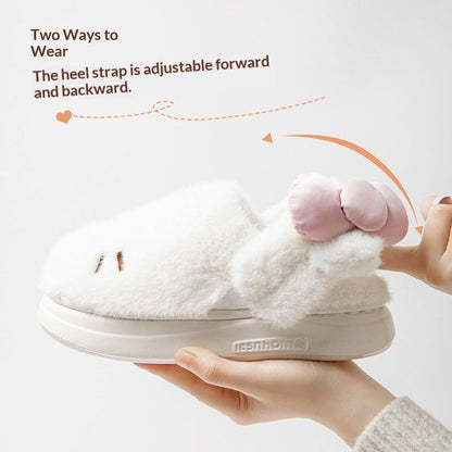 Women's Fluffy Cat & Bow House Slippers | Plush Cotton Indoor Slippers