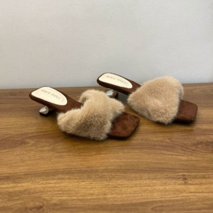 French-Style Chic Fluffy Slippers for Women | Square Toe Slip-On House Shoes | Purple, White & Apricot