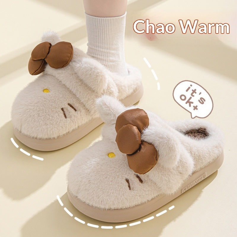 Women's Fluffy Cat & Bow House Slippers | Plush Cotton Indoor Slippers