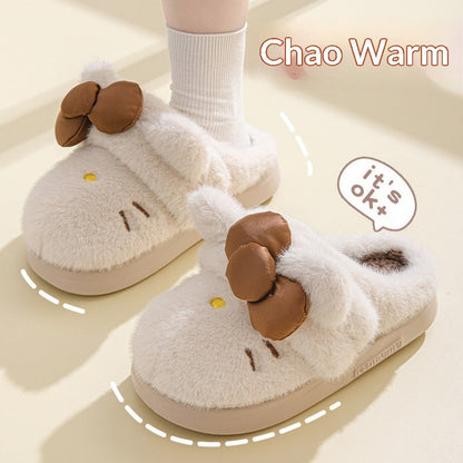 Women's Fluffy Cat & Bow House Slippers | Plush Cotton Indoor Slippers