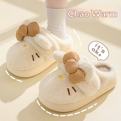 Women's Fluffy Cat & Bow House Slippers | Plush Cotton Indoor Slippers