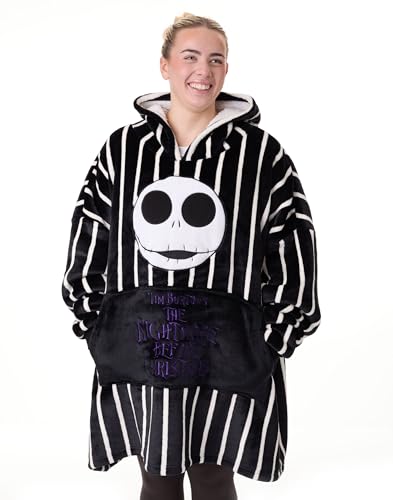 Disney The Nightmare Before Christmas Unisex Wearable Blanket Hoodie | Adults Striped Pullover in Black with Jack Skellington Character | Sherpa Lined Hooded Loungewear with Pockets for Men and Women