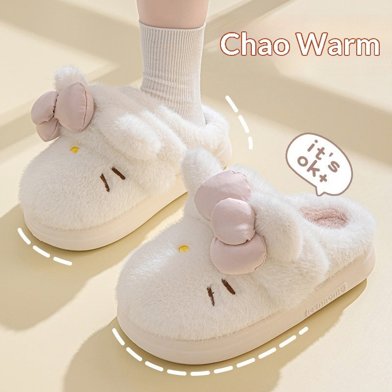 Women's Fluffy Cat & Bow House Slippers | Plush Cotton Indoor Slippers