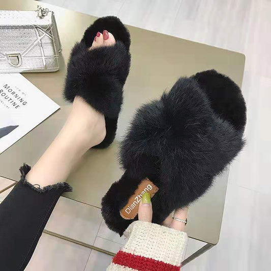 Fuzzy Cross Slippers - Cozy Slip-On Footwear