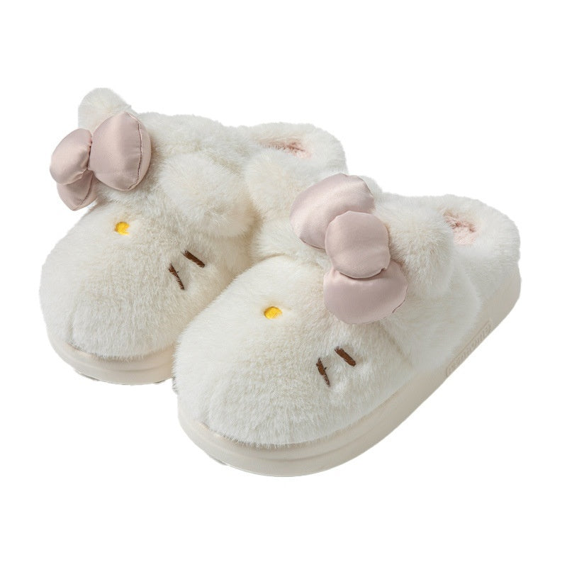 Women's Fluffy Cat & Bow House Slippers | Plush Cotton Indoor Slippers