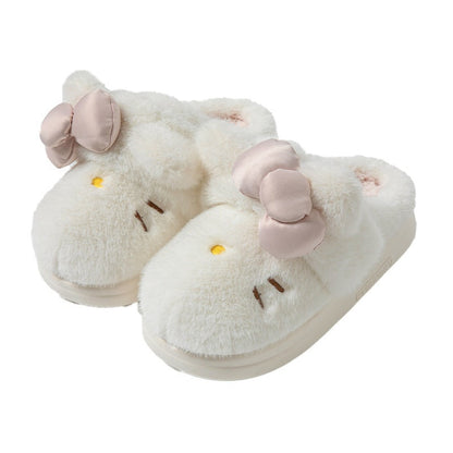 Women's Fluffy Cat & Bow House Slippers | Plush Cotton Indoor Slippers
