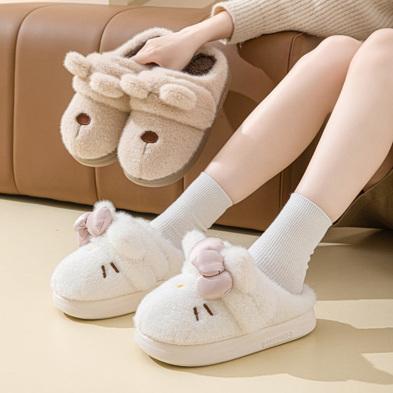 Women's Fluffy Cat & Bow House Slippers | Plush Cotton Indoor Slippers
