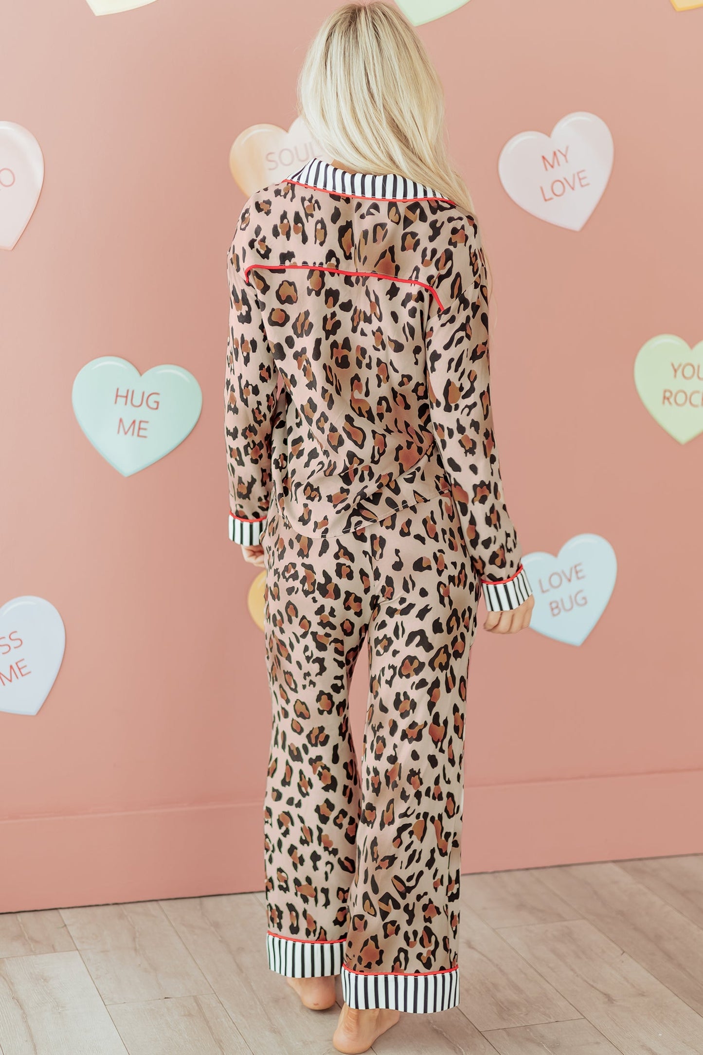 Leopard Colorblock Stripe Edge Shirt and Pants Pajama Set