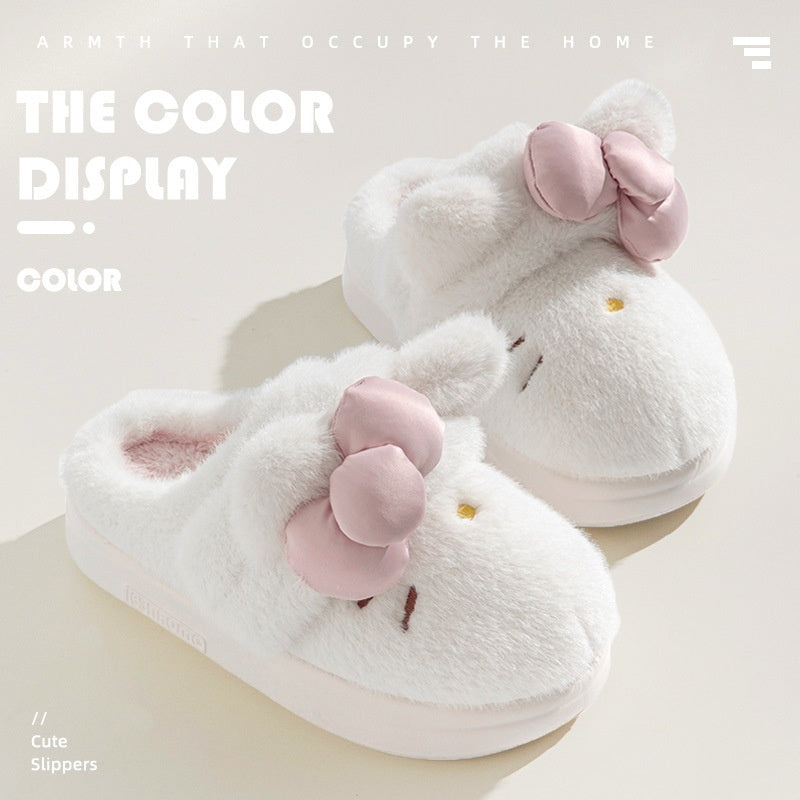 Women's Fluffy Cat & Bow House Slippers | Plush Cotton Indoor Slippers