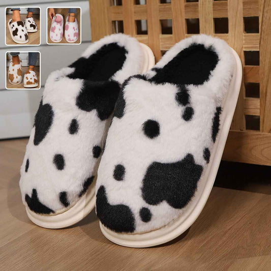 Cow Print Plush Slippers – Unisex Winter Slippers